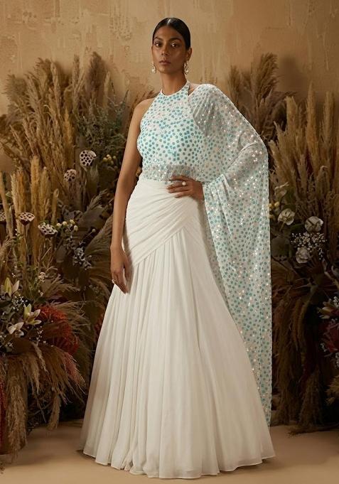 Off White Sequin Net Pre Draped Saree Set