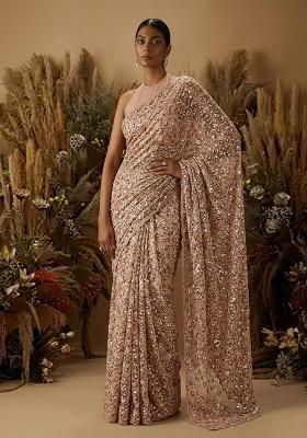 Peach Embroidered Net Pre Draped Saree Set