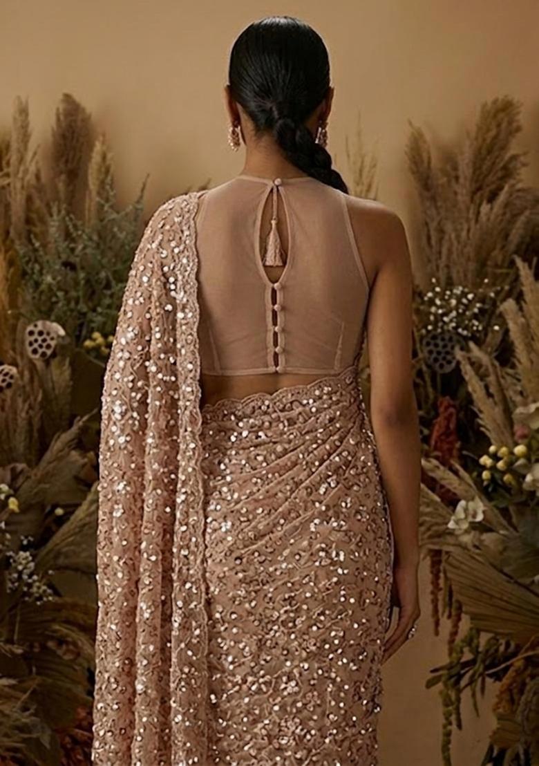 Peach Embroidered Net Pre Draped Saree Set - Indya