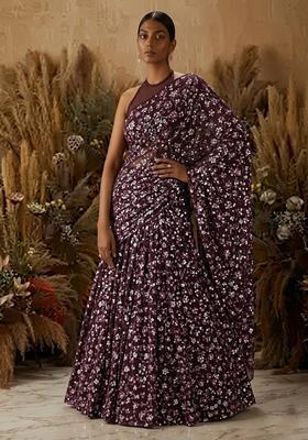 Wine Purple Embroidered Net Pre Draped Saree Set