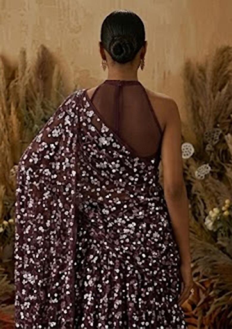 Wine Purple Embroidered Net Pre Draped Saree Set - Indya