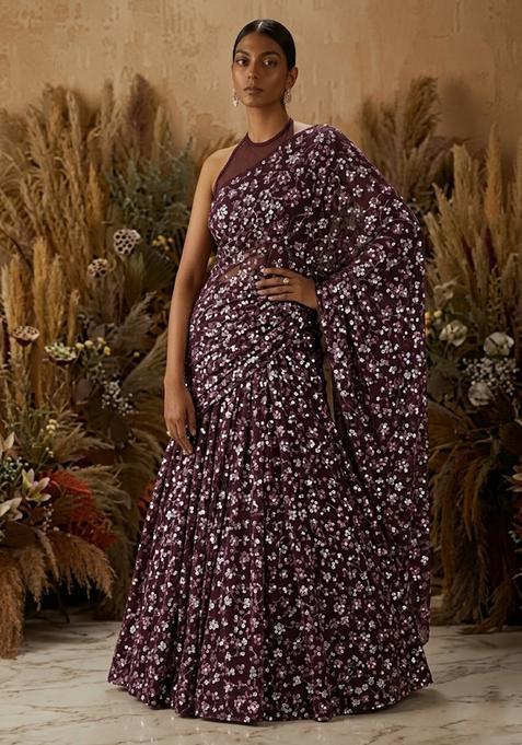Wine Purple Embroidered Net Pre Draped Saree Set