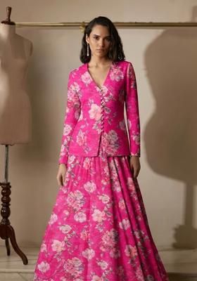 Rani Pink Printed Organza Fusion Set