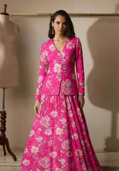 Rani Pink Printed Organza Fusion Set