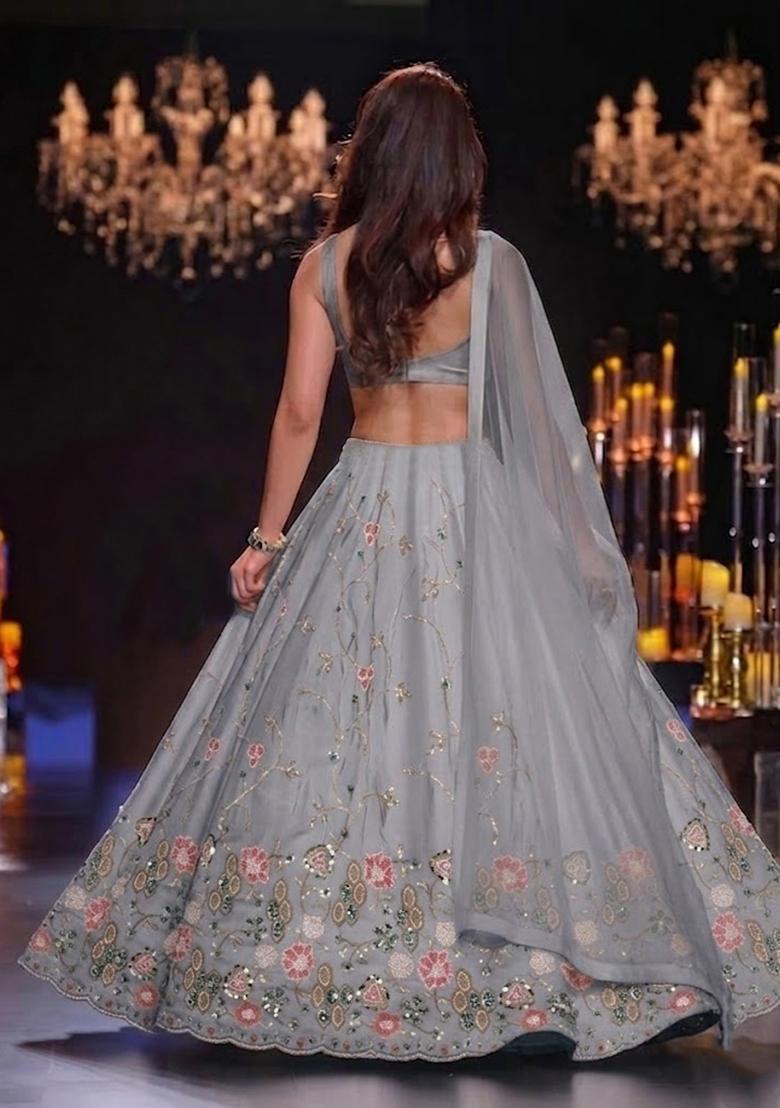 Powder Grey Embroidered Cosmos Lehenga Set - Indya