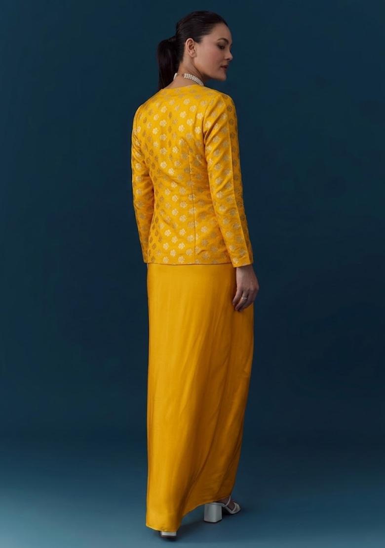 Mustard Yellow Brocade Fusion Set - Indya