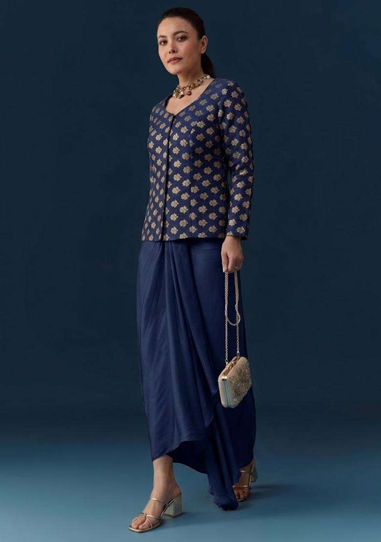 Midnight Blue Brocade Fusion Set - Indya