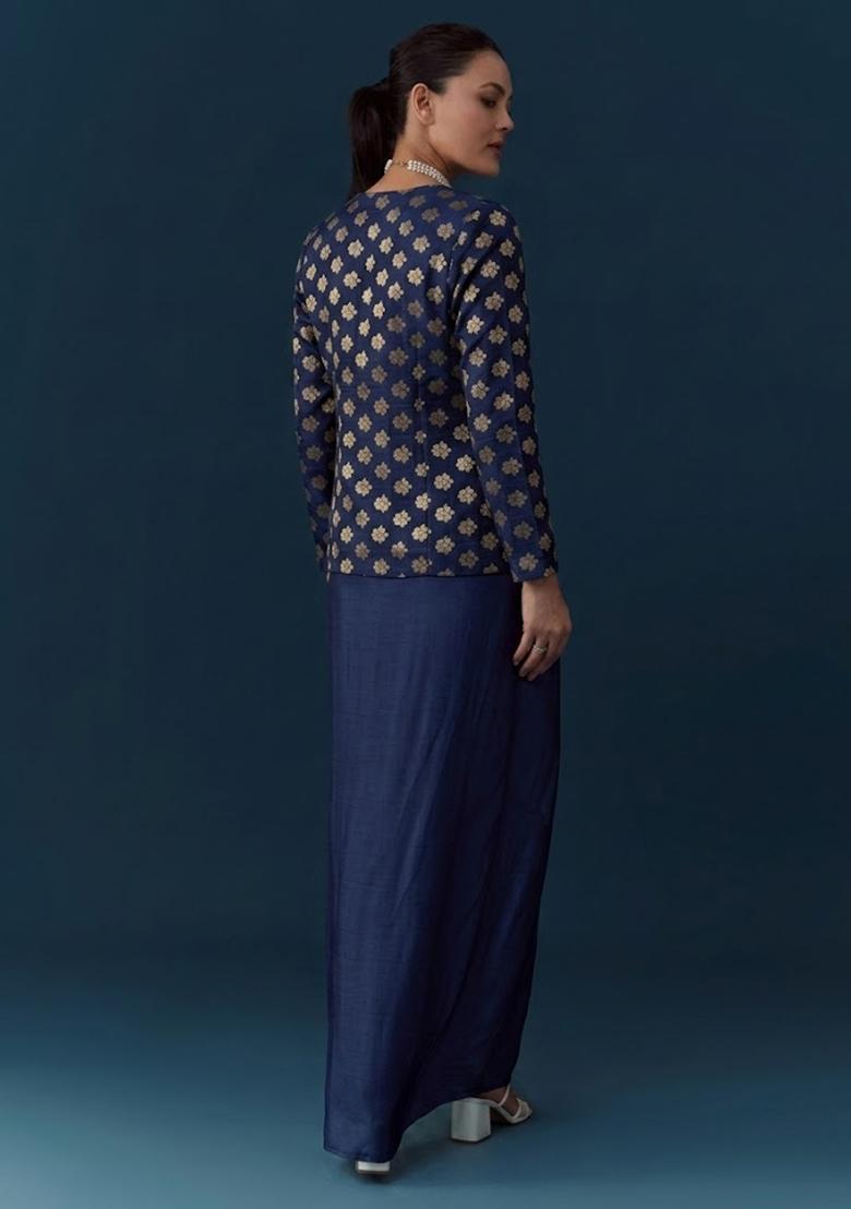 Midnight Blue Brocade Fusion Set - Indya