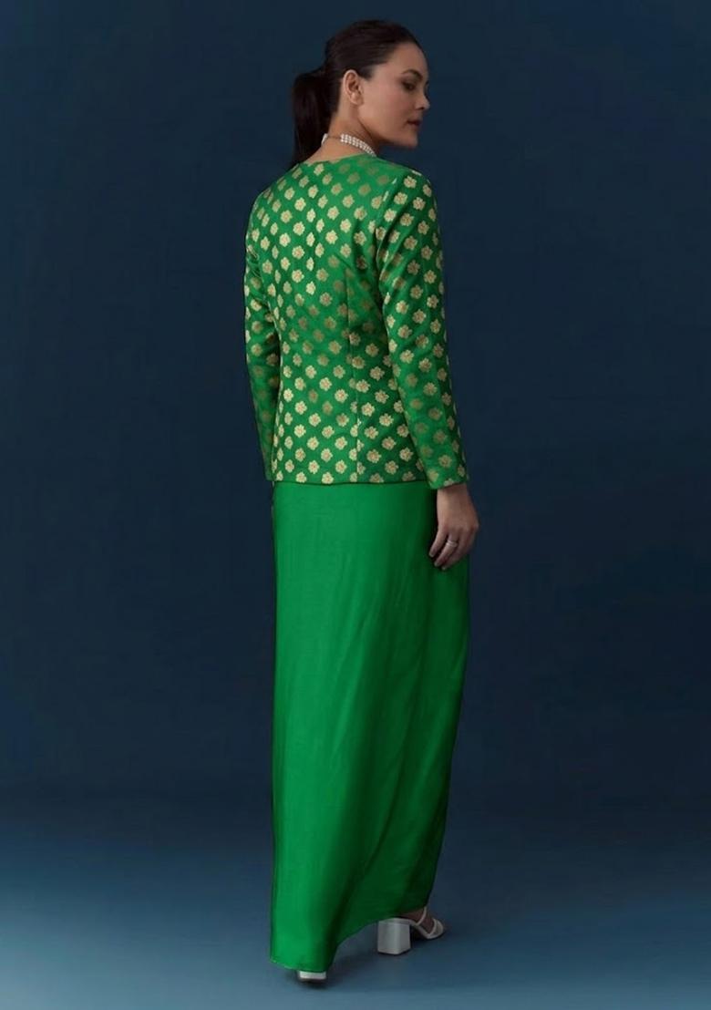 Green Brocade Fusion Set - Indya