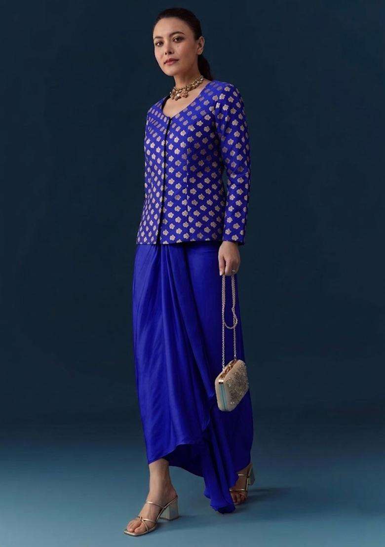 Royal Blue Brocade Fusion Set - Indya