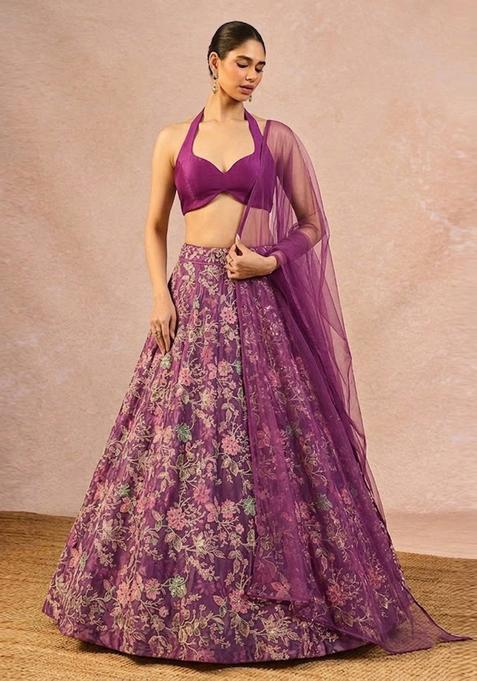 Plum Purple Printed Crepe Lehenga Set
