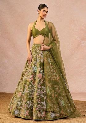 Olive Green Printed Crepe Lehenga Set