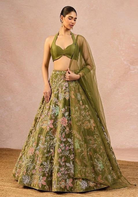 Olive Green Printed Crepe Lehenga Set