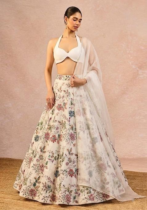 Off White Printed Crepe Lehenga Set