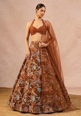 Rust Brown Printed Crepe Lehenga Set