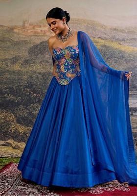 Cobalt Blue Printed Crepe Lehenga Set