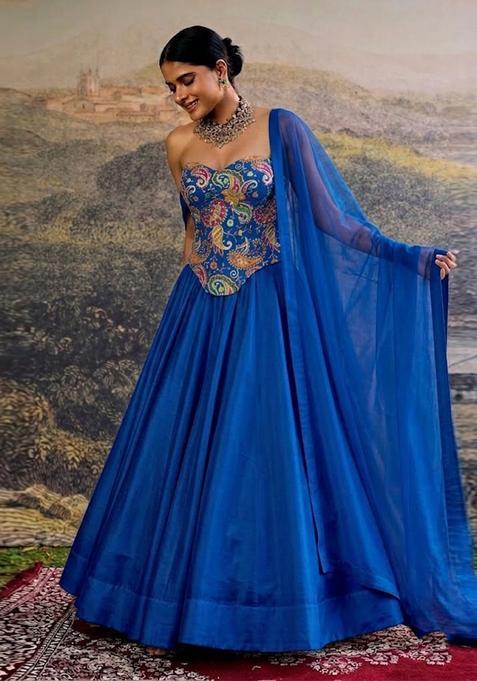 Cobalt Blue Printed Crepe Lehenga Set