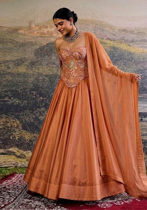 Peach Printed Crepe Lehenga Set