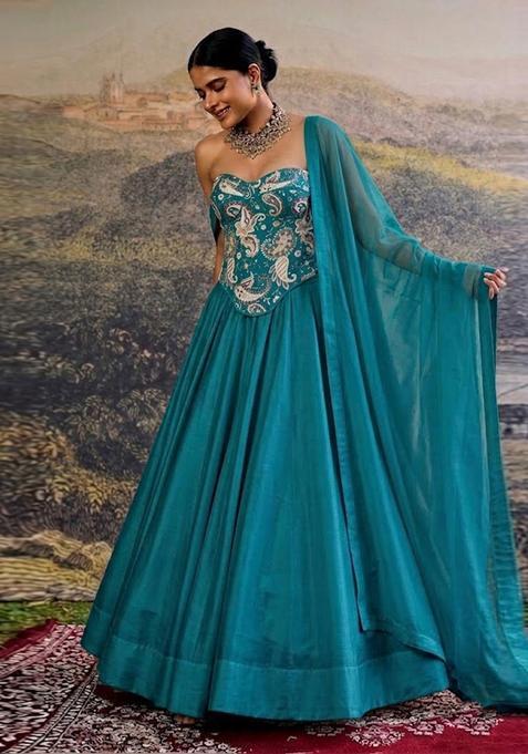 Teal Printed Crepe Lehenga Set