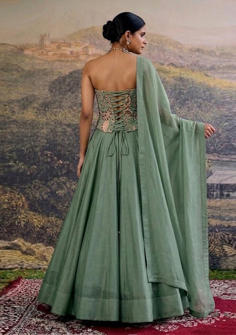Sage Green Printed Crepe Lehenga Set - Indya