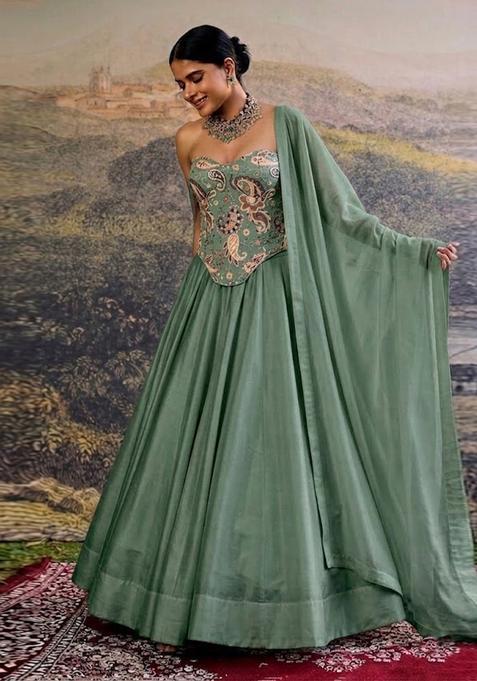 Sage Green Printed Crepe Lehenga Set