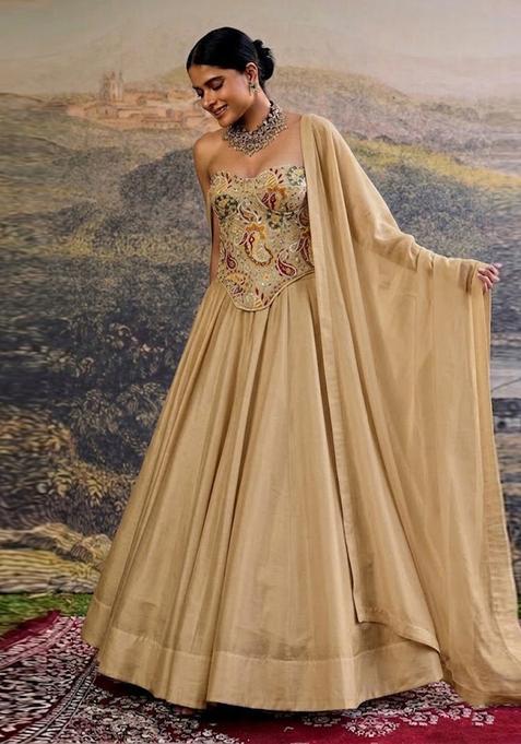 Beige Printed Crepe Lehenga Set