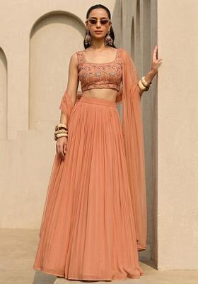 Peach Orange Printed Crepe Lehenga Set