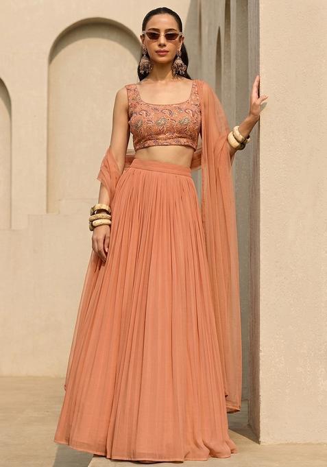 Peach Orange Printed Crepe Lehenga Set