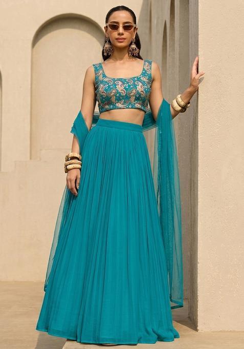 Teal Printed Crepe Lehenga Set