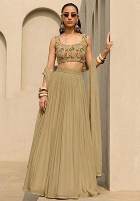 Beige Printed Crepe Lehenga Set