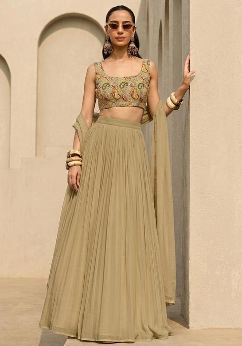 Beige Printed Crepe Lehenga Set