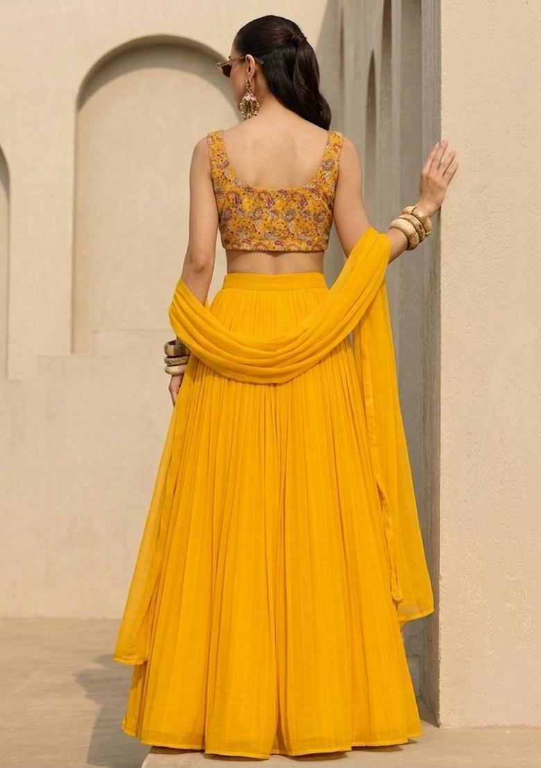Mustard Printed Crepe Lehenga Set - Indya