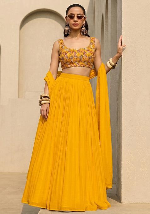 Mustard Printed Crepe Lehenga Set