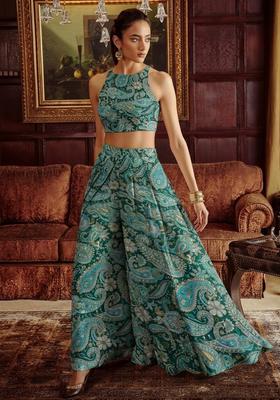 Teal Green Printed Crepe Fusion Set