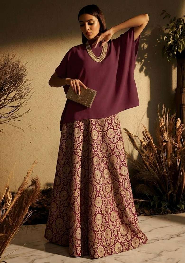 Wine Purple Brocade Fusion Set - Indya