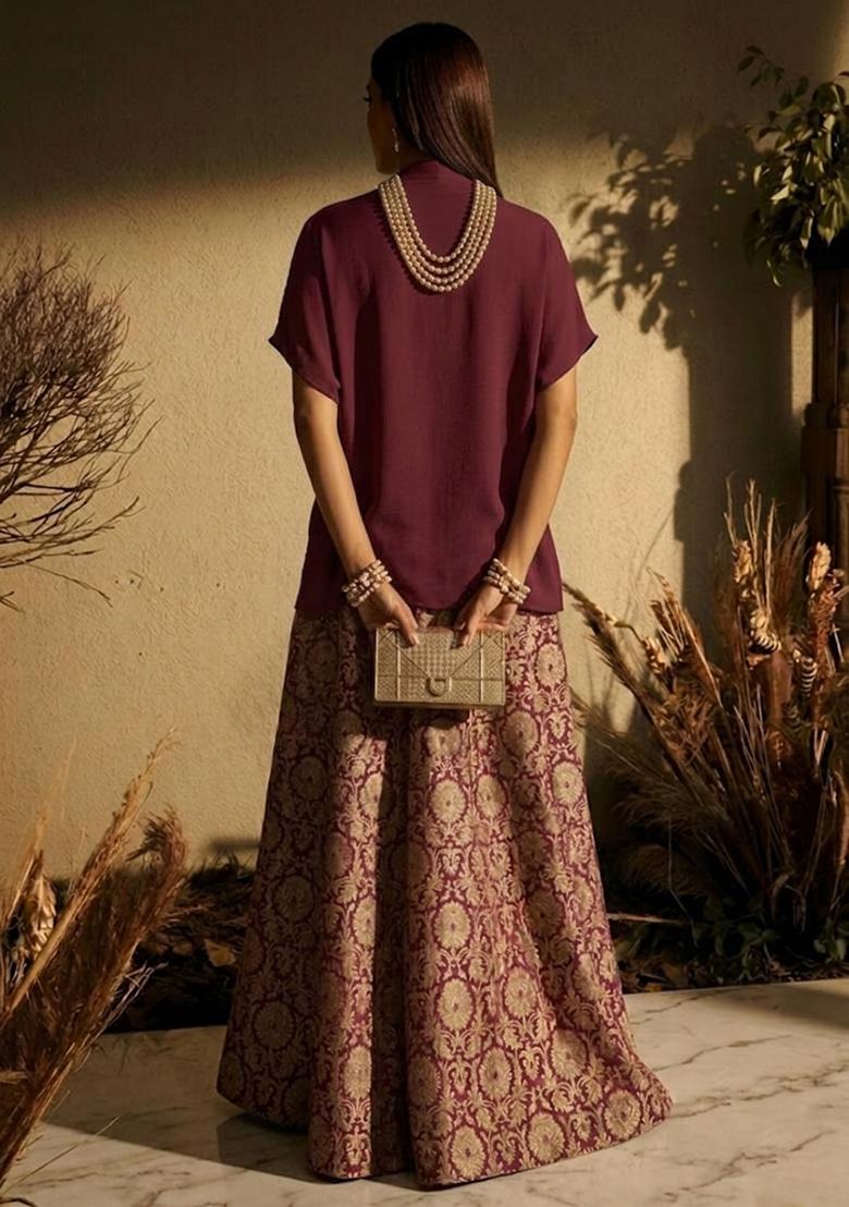 Wine Purple Brocade Fusion Set - Indya