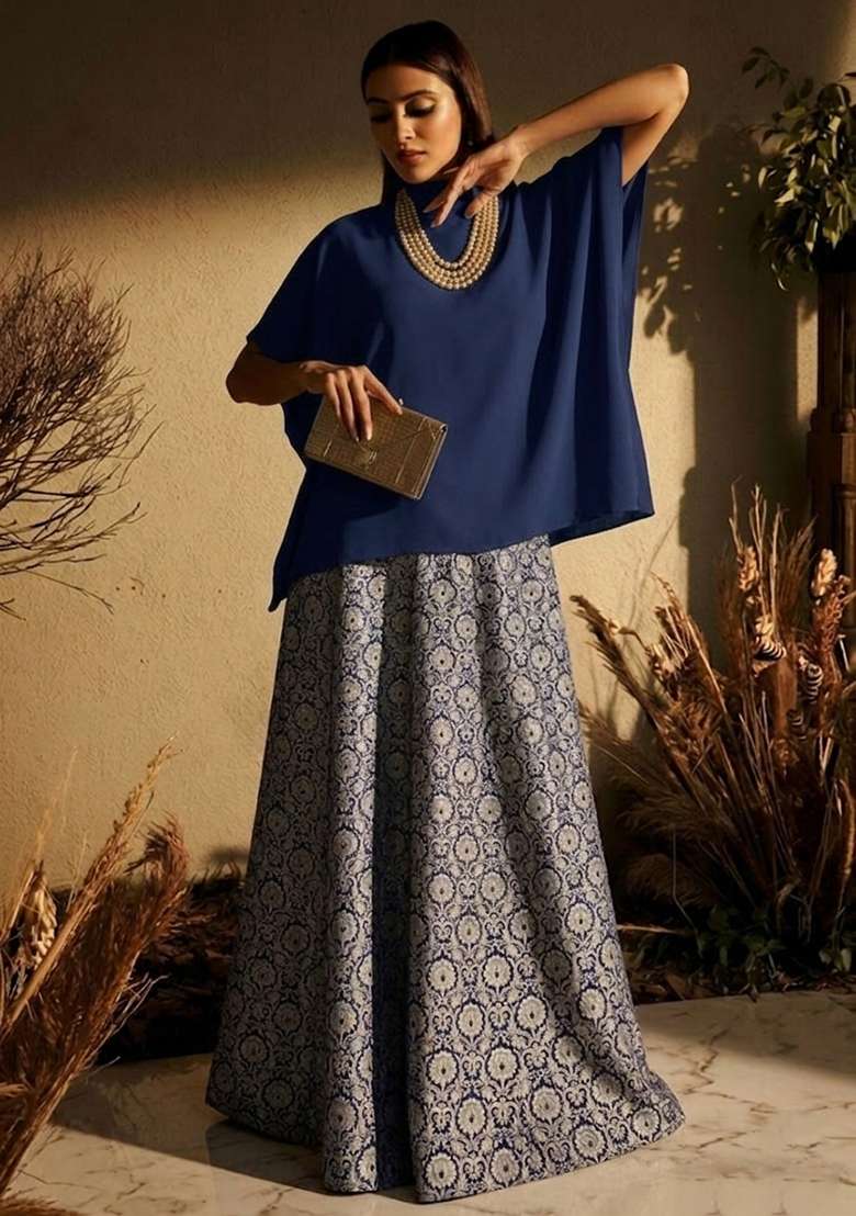 Royal Blue Brocade Fusion Set - Indya