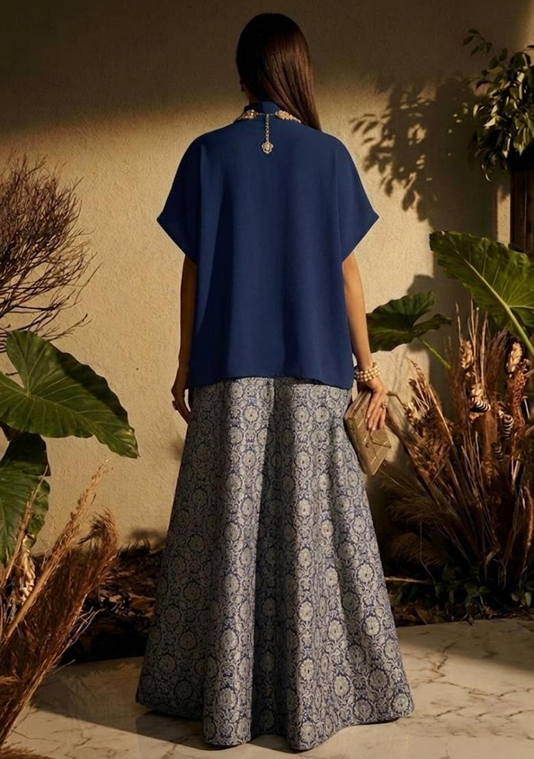 Royal Blue Brocade Fusion Set - Indya