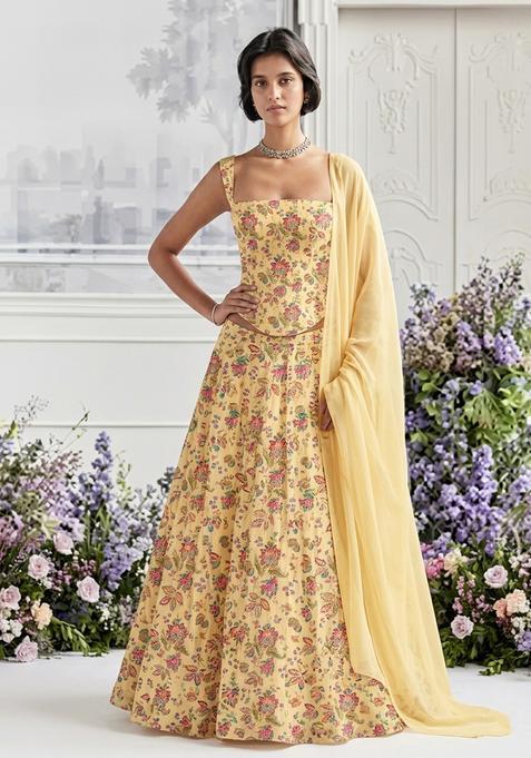 Pastel Yellow Printed Organza Lehenga Set