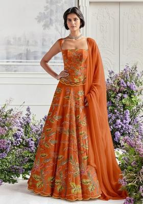 Burnt Orange Embroidered Organza Lehenga Set