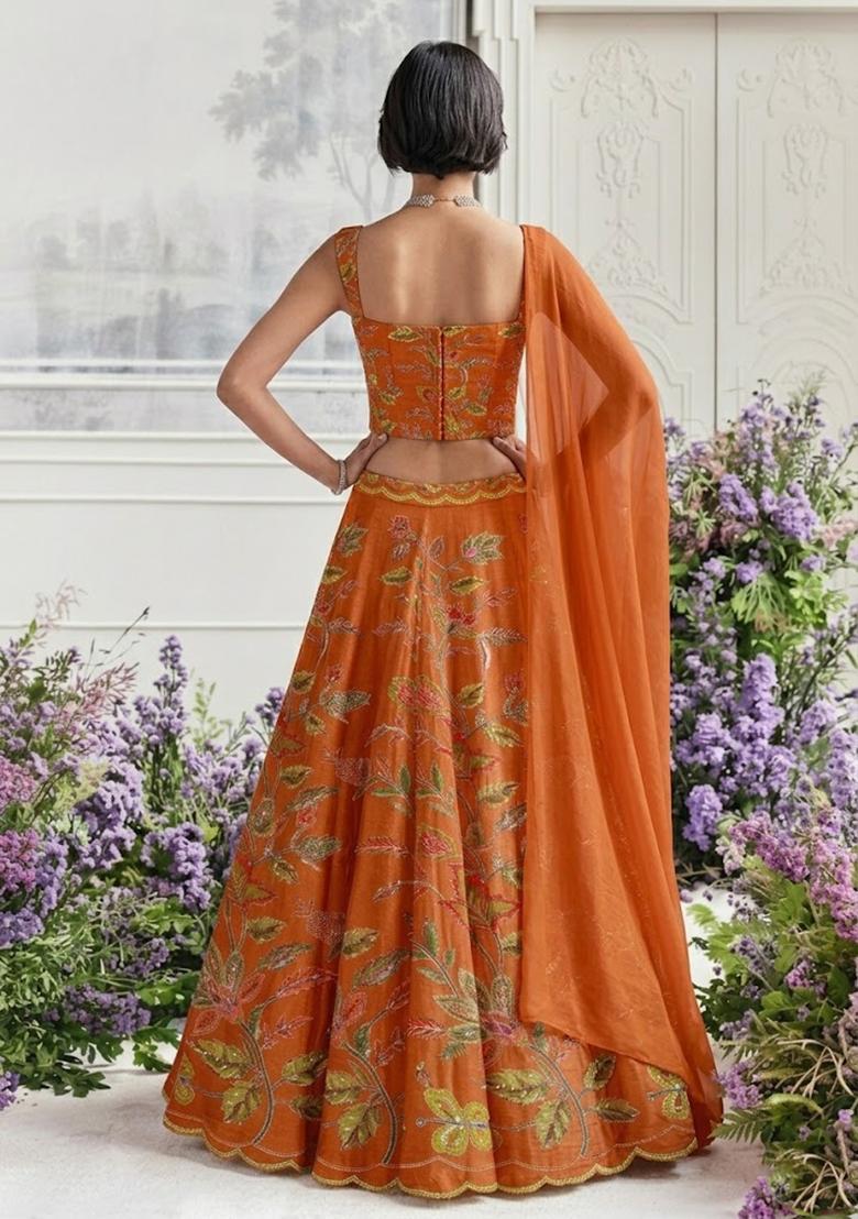 Burnt Orange Embroidered Organza Lehenga Set - Indya