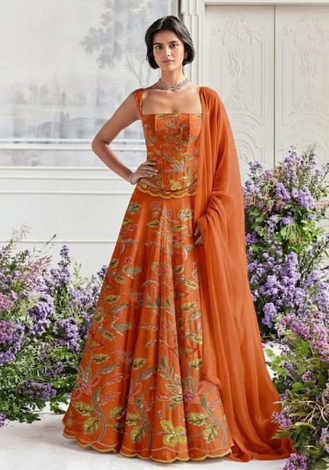 Burnt Orange Embroidered Organza Lehenga Set