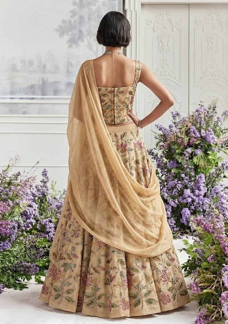 Golden Beige Embroidered Organza Lehenga Set - Indya