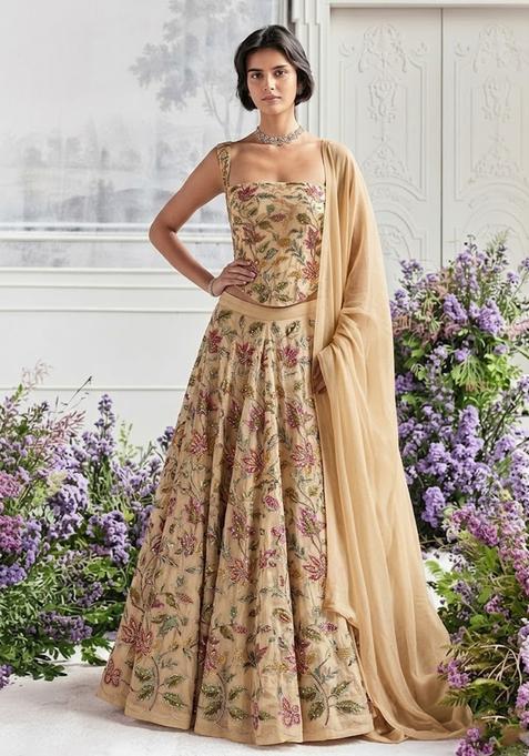 Golden Beige Embroidered Organza Lehenga Set