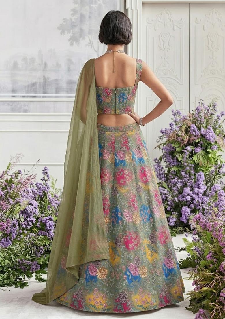 Sage Green Printed Crepe Lehenga Set - Indya