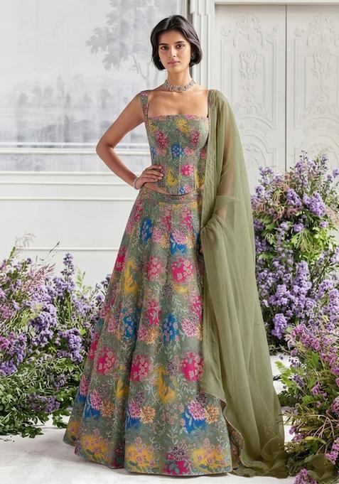 Sage Green Printed Crepe Lehenga Set