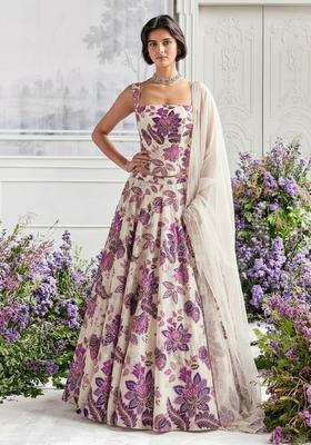 Off White Printed Organza Lehenga Set