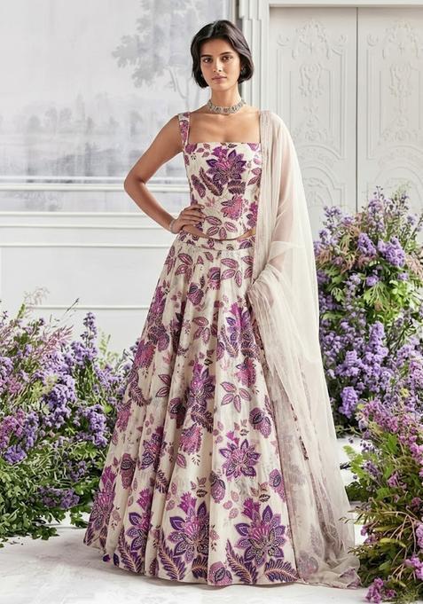 Off White Printed Organza Lehenga Set