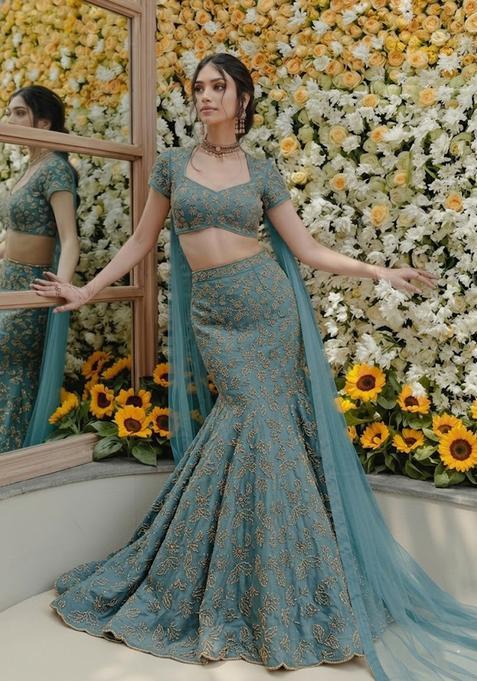 Teal Blue Embroidered Net Lehenga Set