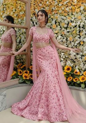 Blush Pink Embroidered Net Lehenga Set